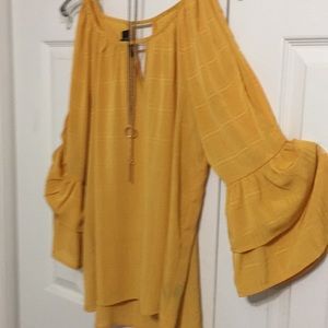 Beautiful gold blouse with peep-a-boo sleeves.
